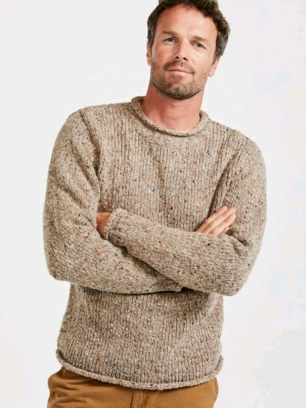 Aran Sweater Market Roll Neck Ireland Fisherman Pullover Oat Beige Grey Wool XL